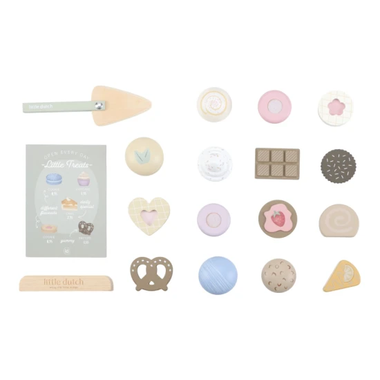 Dvouposchoďový dřevěný stojan na pečivo Little Dutch s různými sladkými zákusky a obrázkovým menu.