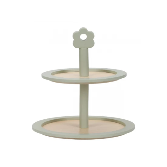 Dvouposchoďový dřevěný stojan na pečivo Little Dutch s různými sladkými zákusky a obrázkovým menu.