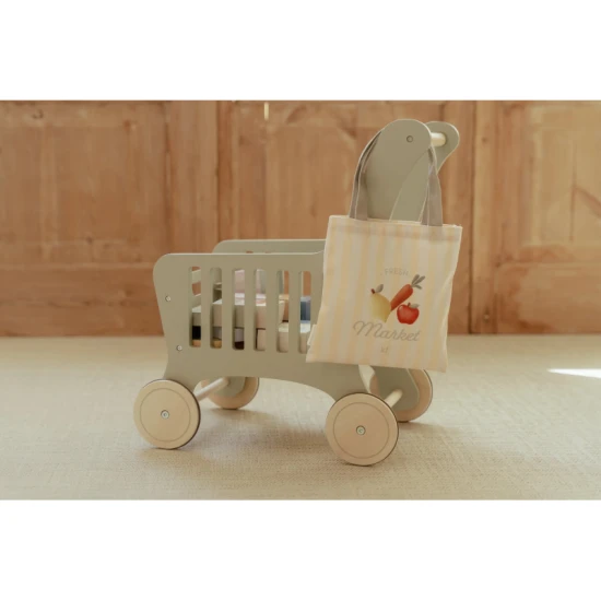 Dřevěný nákupní vozík Little Dutch s dřevěnými potravinami, látkovou taškou a kartonovými krabičkami pro děti