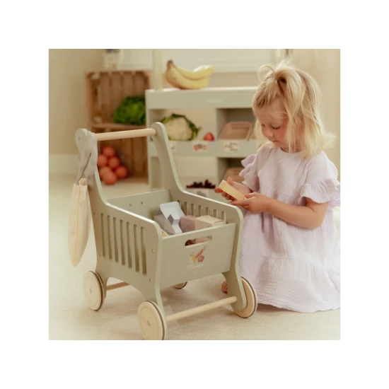Dřevěný nákupní vozík Little Dutch s dřevěnými potravinami, látkovou taškou a kartonovými krabičkami pro děti