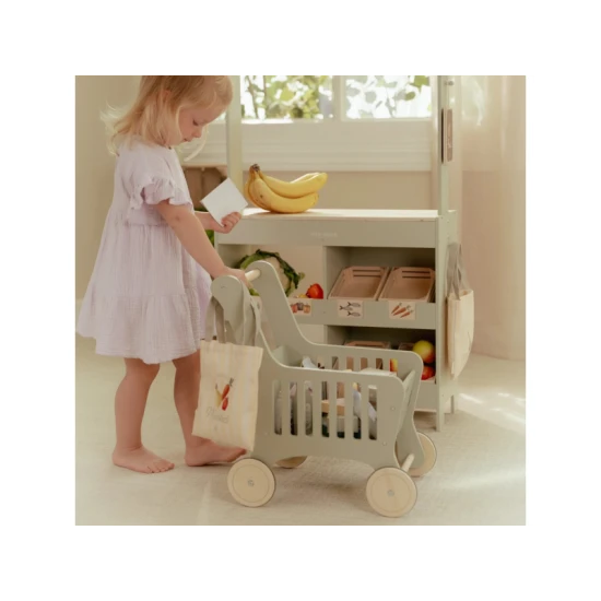 Dřevěný nákupní vozík Little Dutch s dřevěnými potravinami, látkovou taškou a kartonovými krabičkami pro děti