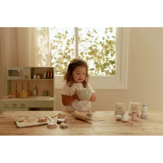 Dřevěná sada na pečení Little Dutch pro děti s dřevěnými surovinami, válečkem, mísou a doplňky na zdobení