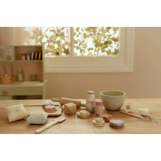 Dřevěná sada na pečení Little Dutch pro děti s dřevěnými surovinami, válečkem, mísou a doplňky na zdobení