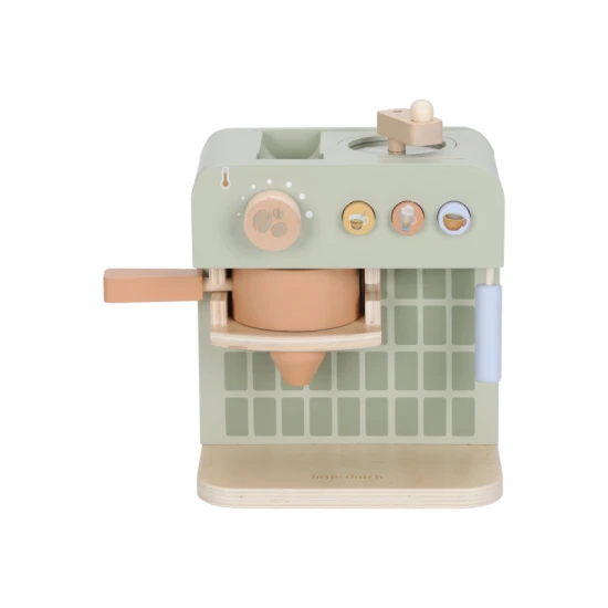 Dřevěný kávovar Little Dutch s kávovými kapslemi, mlékem, džbánkem a šablonami na latte art pro děti
