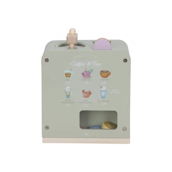 Dřevěný kávovar Little Dutch s kávovými kapslemi, mlékem, džbánkem a šablonami na latte art pro děti