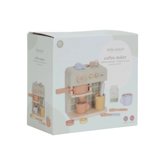 Dřevěný kávovar Little Dutch s kávovými kapslemi, mlékem, džbánkem a šablonami na latte art pro děti
