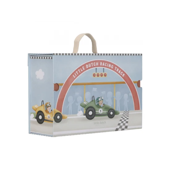 Dřevěná závodní dráha Little Dutch s auty, kartónovými díly, pohárem a dopravními značkami pro děti