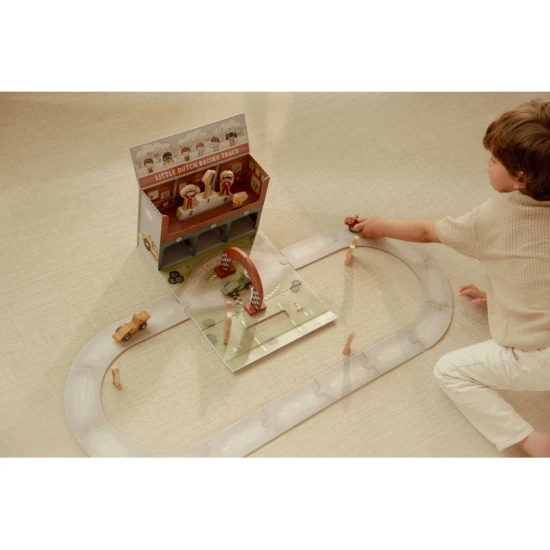 Dřevěná závodní dráha Little Dutch s auty, kartónovými díly, pohárem a dopravními značkami pro děti