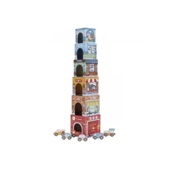 Dřevěná sada Little Dutch s kartónovými kostkami a dřevěnými vozidly, ideální pro děti na stavění a objevování