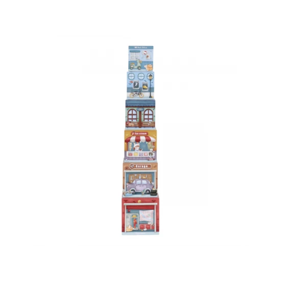 Dřevěná sada Little Dutch s kartónovými kostkami a dřevěnými vozidly, ideální pro děti na stavění a objevování