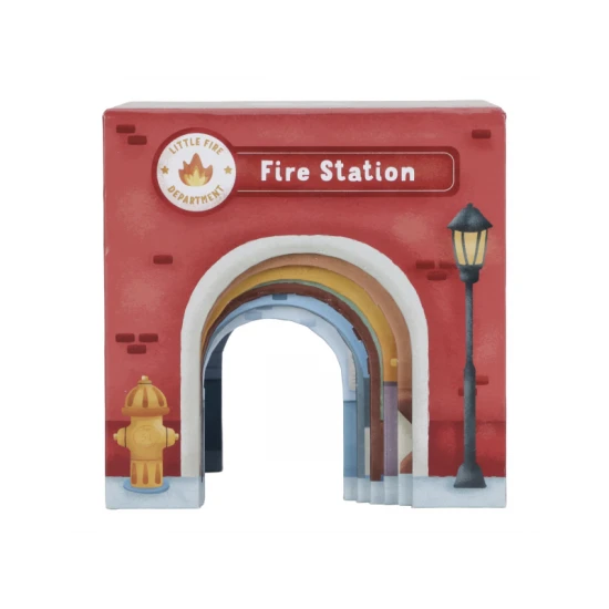 Dřevěná sada Little Dutch s kartónovými kostkami a dřevěnými vozidly, ideální pro děti na stavění a objevování