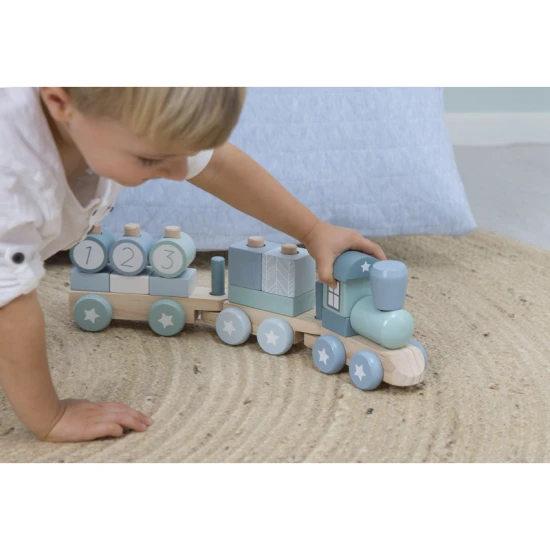 Dřevěný vláček Little Dutch Blue – kreativní hračka pro děti s 17 díly, stylový design v modrých odstínech