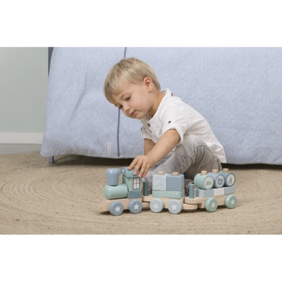 Dřevěný vláček Little Dutch Blue – kreativní hračka pro děti s 17 díly, stylový design v modrých odstínech