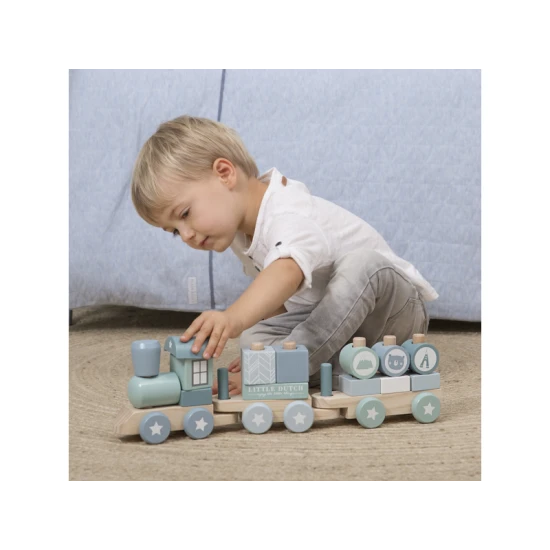 Dřevěný vláček Little Dutch Blue – kreativní hračka pro děti s 17 díly, stylový design v modrých odstínech