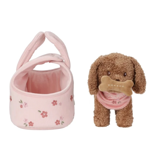 Plyšový pejsek Jackie v květované tašce od Little Dutch, roztomilý kamarád na cesty pro děti.