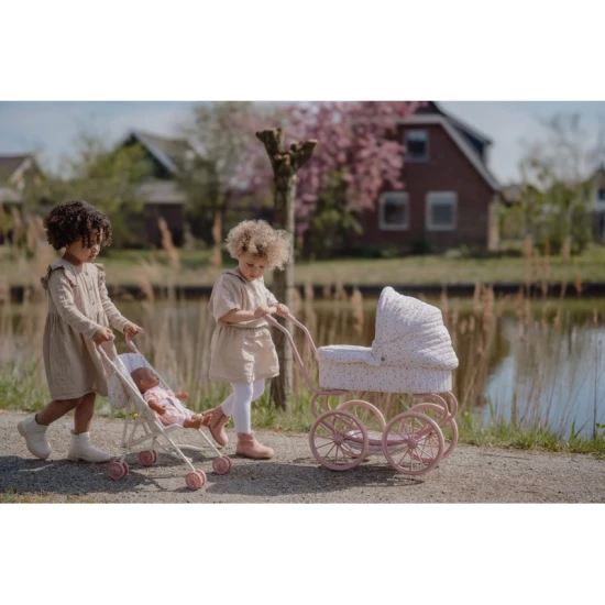 Kočárek Little Dutch Soft Flowers pro panenky s květinovým designem, bezpečnostním pásem a skládací konstrukcí pro děti
