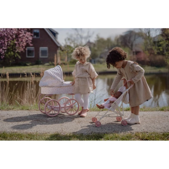 Kočárek Little Dutch Soft Flowers pro panenky s květinovým designem, bezpečnostním pásem a skládací konstrukcí pro děti