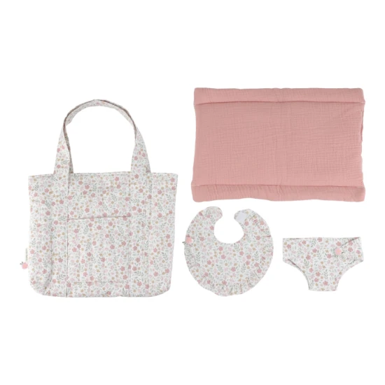 Přebalovací taška pro panenky Little Dutch Soft Flowers s plenou, přebalovací podložkou a bryndáčkem v květinovém designu