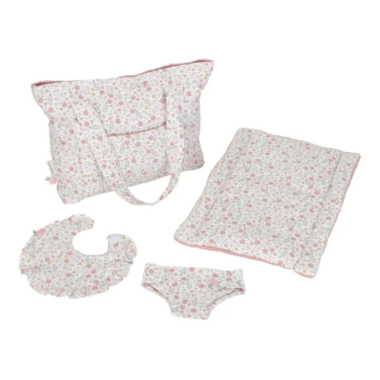 Přebalovací taška pro panenky Little Dutch Soft Flowers s plenou, přebalovací podložkou a bryndáčkem v květinovém designu