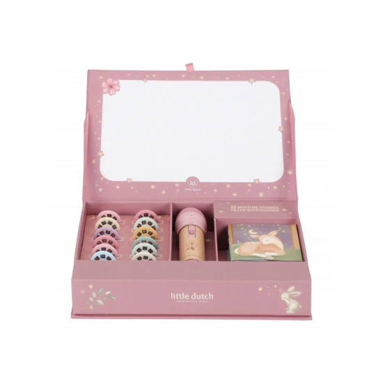 Dětský projektor Little Dutch Pink – pohádkové příběhy k promítání s 12 kotouči a ilustrovanou knížkou