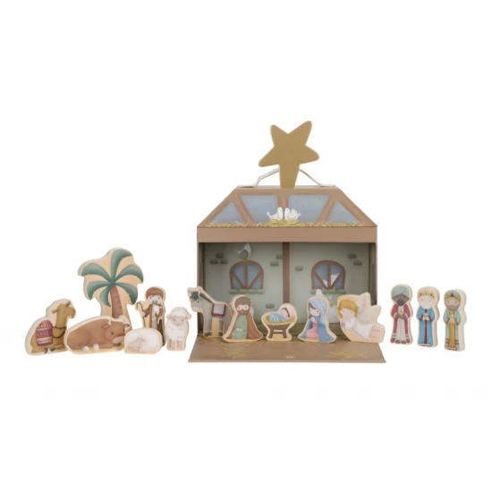 Dreveny vanocni betlem Little Dutch s 14 figurkami a kartonovou staji – hracka pro deti