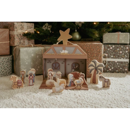 Dreveny vanocni betlem Little Dutch s 14 figurkami a kartonovou staji – hracka pro deti