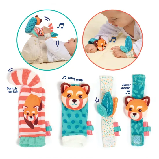 Chrastítka s liškou podněcují rozvoj sluchu, zraku a hmatu dítěte.