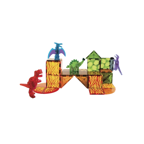 Magnetická stavebnice Dino s dinosaury a barevnými dílky.