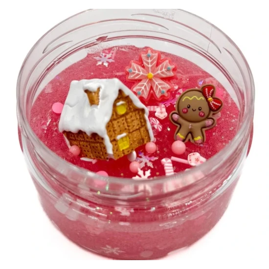 Gumový slizáček Perníková chaloupka – růžový vánoční sliz s třpytkami, chaloupkou a perníkovou holčičkou