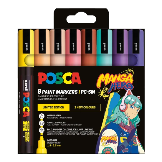 Posca souprava popisovačů PC-5M Manga Hero – 8 ks, mix barev, nové odstíny kaštanová a pudrově růžová, vhodné na voděodolné dekorace