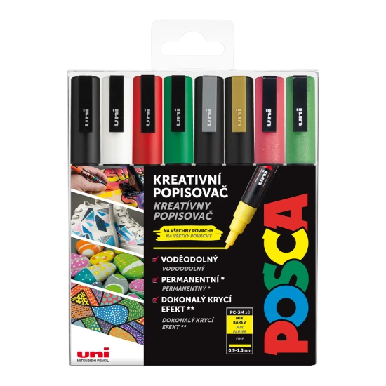 Sada profesionálních popisovačů Posca 3M ve vánočních barvách s jemným hrotem (0,9 – 1,3 mm), ideální pro precizní kreslení a stínování, vodovzdorné po zaschnutí, vhodné pro vnitřní i venkovní použití.