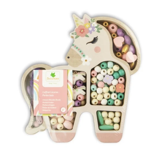 Korálky Jednorožec – pastelové dřevěné korálky v krabičce ve tvaru jednorožce, tvořivá sada pro děti od 3 let