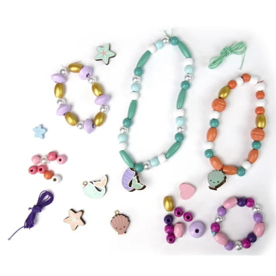 Dřevěné korálky Mořská panna – kreativní sada pro děti v krabičce ve tvaru mušle