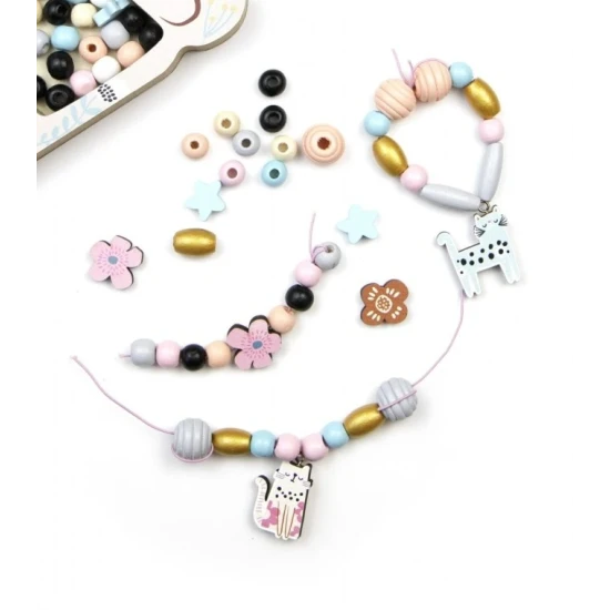 Dřevěné korálky Kočka – kreativní sada pro děti ve škatuľce ve tvaru kočky