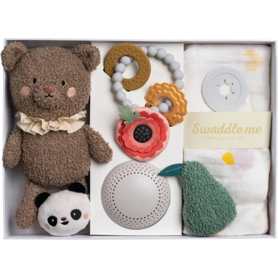 TAF TOYS Sada hraček Newborn Luxe Luxusní dárkový box Newborn Luxe pro miminka – hudební kolotoč, plyšový medvídek, kousátko a textilní plenka.