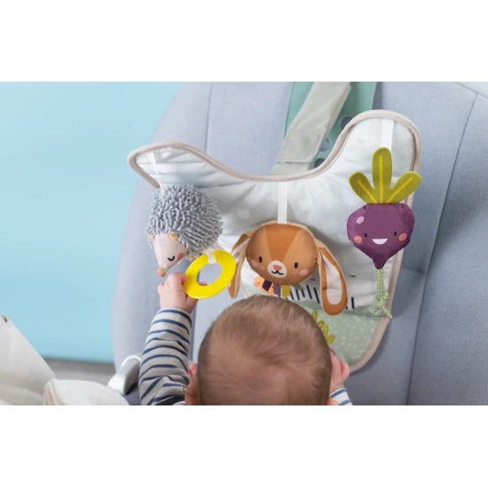 Hrací pultík se zavěšenými textilními hračkami ze života na zahradě zabaví během jízdy.