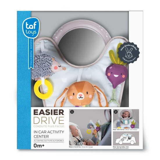 Hrací pultík se zavěšenými textilními hračkami ze života na zahradě zabaví během jízdy.