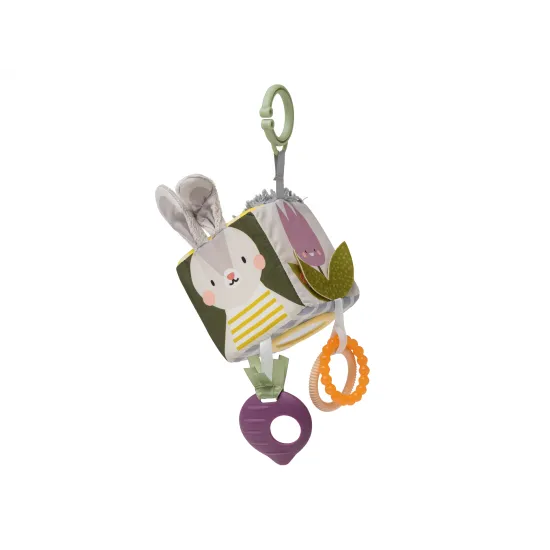 Měkká kostka s motivy zahrady pro nejmenší pro použití na postýlce, kočárku, autosedačce.