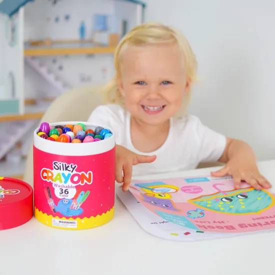 Barevné jemné omyvatelné voskovky pro děti v praktickém boxu – 36 kusů