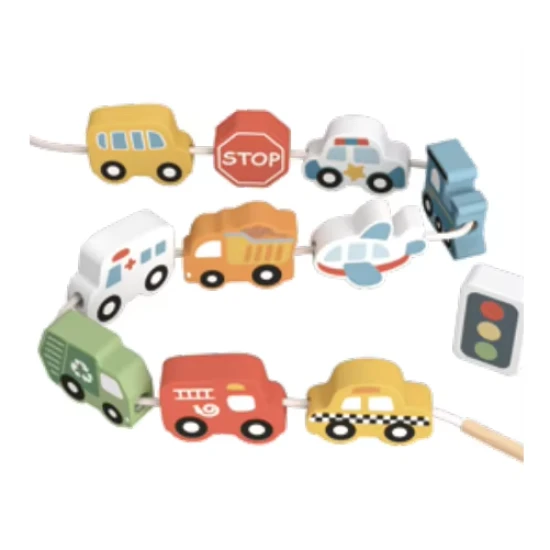 Dřevěné navlékání korálků Doprava Tooky Toy – dětská motorická hračka s dopravními prostředky