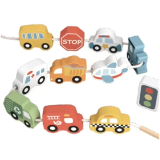 Dřevěné navlékání korálků Doprava Tooky Toy – dětská motorická hračka s dopravními prostředky