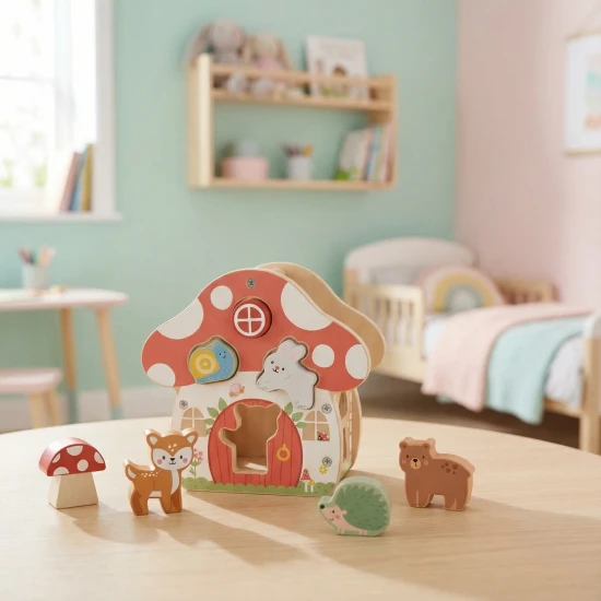 Dřevěná vkládačka Tvary Domeček s 12 barevnými tvary pro děti