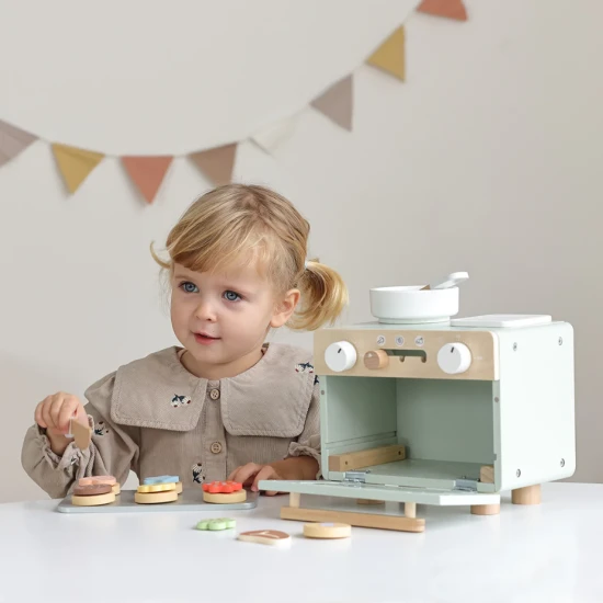 Dřevěná mini trouba a sporák pro děti s doplňky na pečení