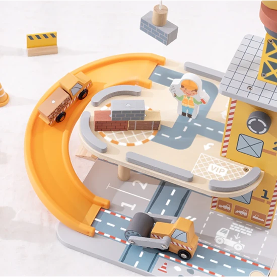 Jeřáb a autíčka set Tooky Toy – dřevěná stavební sada s jeřábem, autíčky a figurkami dělníků