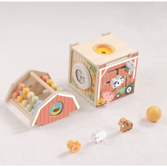 Dřevěný aktivity domeček Farma Tooky Toy – vzdělávací hračka se zvířátky, korálky a větrníkem