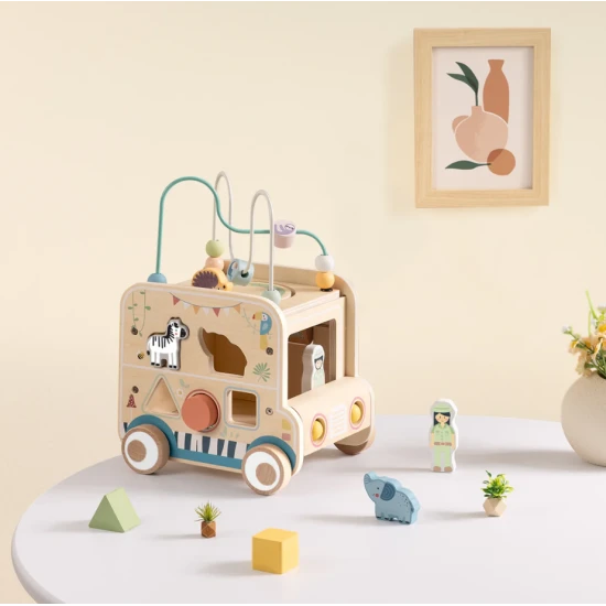 Dřevěná vkládačka Safari s labyrintem Tooky Toy – vzdělávací hračka se zvířátky, korálky a kolečky