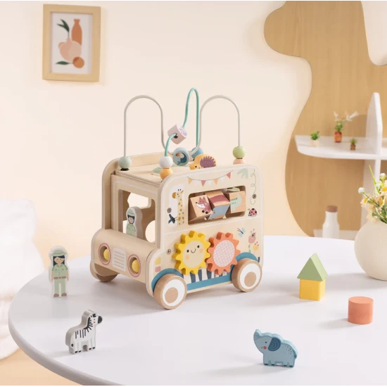 Dřevěná vkládačka Safari s labyrintem Tooky Toy – vzdělávací hračka se zvířátky, korálky a kolečky