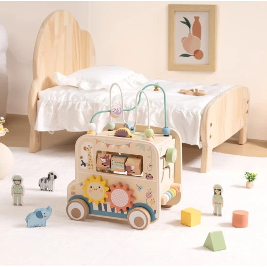 Dřevěná vkládačka Safari s labyrintem Tooky Toy – vzdělávací hračka se zvířátky, korálky a kolečky