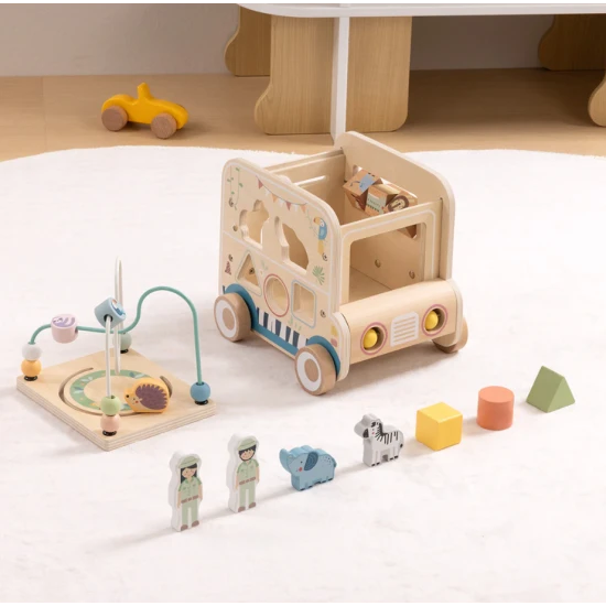 Dřevěná vkládačka Safari s labyrintem Tooky Toy – vzdělávací hračka se zvířátky, korálky a kolečky