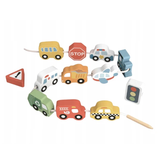 Dřevěné navlékání korálků Doprava Tooky Toy – dětská motorická hračka s dopravními prostředky
